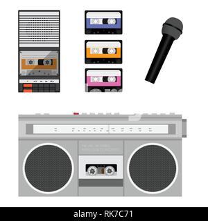 Retro veraltete Portable Stereo boombox Radiorecorder von 80s, kompakte Audio Kassetten und Mikrofon Stock Vektor