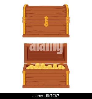 Vektor einrichten von Symbolen mit Cartoon geschlossen und geöffnet braun Holz Pirat Truhen mit goldenen Metall Streifen und Vorhängeschloss, voll der Schatz Münzen auf Weiß b Stock Vektor