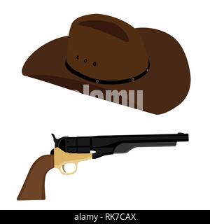 Wilder Westen, cowboy Vektor Icon Set, Sammlung. Cowboyhut und Revolver Stock Vektor
