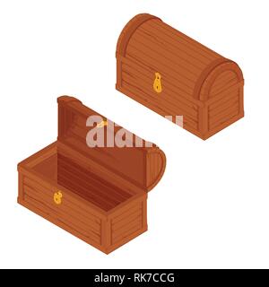 Vector Illustration der Schatztruhe für die Animation. Geöffnet und Geschlossen antike Box leer. Auf weissem Hintergrund. Spiel Benutzeroberfläche (GUI) el Stock Vektor