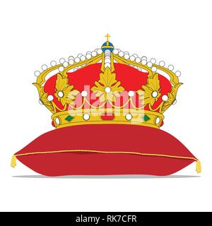 Vector Illustration goldene Krone auf dem roten Kissen. Royal Crown auf samtenen Kissen Stock Vektor