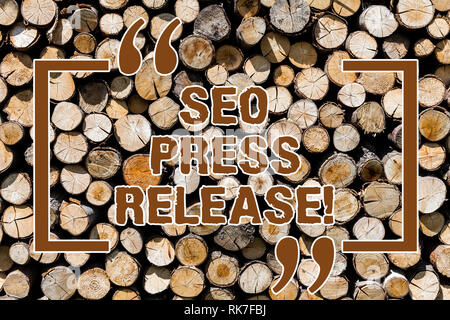 Text Zeichen anzeigen Seo-Pressemitteilung. Konzeptionelle Foto stellen Sie sicher, dass Links zurück Websites in Ihrem drücken Sie Holz- Hintergrund vintage Holz wild Nachr. Stockfoto