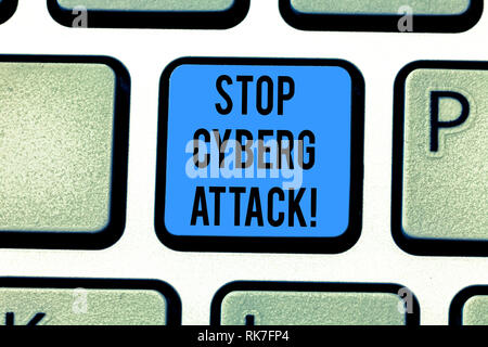 Schreiben Hinweis angezeigt Stop Cyber Attack. Business foto Präsentation verhindern Schäden durch Hacker Computer netzwerk Tastatur Absicht zerstören Stockfoto