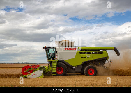 Ein Mähdrescher arbeiten in einem Gerstenfeld im Sommer in Canterbury, Neuseeland Stockfoto