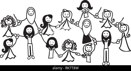 Netzwerk von Frauen mit unterschiedlichen Ethnizität in Schwarz und Weiß Stock Vektor