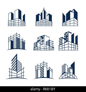 Gebäude logo Bundle, verschiedene Formen und Modelle von Gebäuden mit Gerüst, geeignet für Bau- oder Immobilien Logos. Stockfoto
