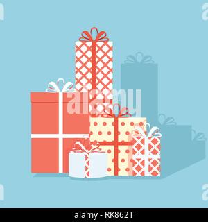 Haufen bunt verpackte Geschenkboxen. Viele Geschenke. Flat Style Vector Illustration auf blauem Hintergrund isoliert. Stock Vektor