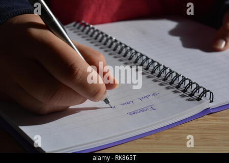 Tausendjährige Frau schriftlich in einer Spirale gebundenes Notizbuch, Stift in der Hand. Eine Liste mit dem Wort Finanzen geleitet, und unter das ist Student Loan geschrieben Stockfoto