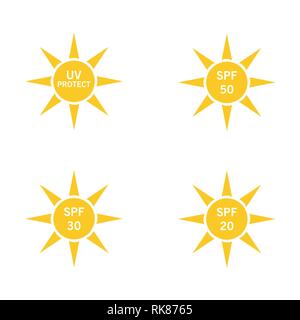 UV, Sonnenschutz, LSF 50, SPF 20, LSF 30 Vector Icons auf Weiß Stock Vektor