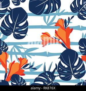 Sommer Marine Blau tropischen Wald Blätter helle Stimmung am Himmel blau nahtlose Muster, Hintergrund für Mode Textilien, Tapeten Buch oder Karte Stock Vektor