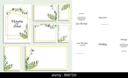 Hochzeit einladen, Einladung, Menü, Datum speichern, danke Karte vektor Blumen Grün design: Aquarell Vorlage festlegen Stock Vektor