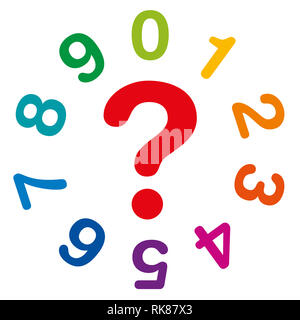 10 regenbogenfarbenen Nummern, von eins bis null, bilden einen Kreis mit einem roten Fragezeichen in der Mitte als Symbol für Numerologie und Wahrsagerei. Stockfoto