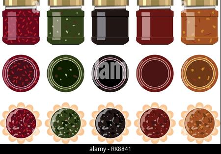 Vektor kleines Glas Marmelade Gläser mit Erdbeere, Heidelbeere, Aprikose, Apfel, Kirsche, Kiwi, Orange und Himbeere Marmelade. Vordere und obere Ansicht. Kuchen mit Obst ja Stock Vektor
