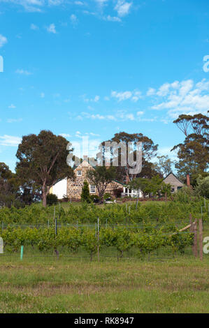 Craigie Knowe, ein 1842 gebautes Bauernhaus aus Stein und Weinberg in Luxus Villa Unterkunft in Swansea, Tasmanien umgewandelt. Bedeutung "schroffen Knoll" in Ga Stockfoto