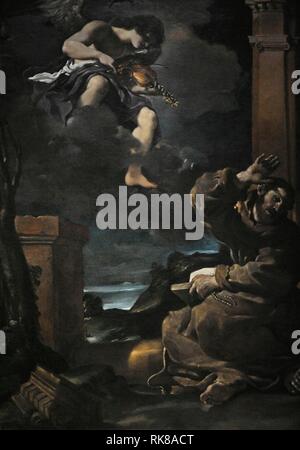 Il Guercino (Giovanni Francesco Barbieri) (1591-1666). Pintor Italiano. San Francisco escuchando ein un-Angel músico. Museo Nacional de Varsovia. Polonia. Stockfoto