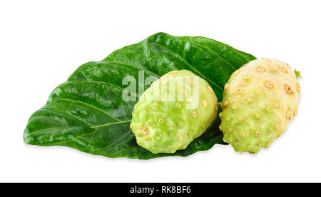 Noni Frucht auf Weiß mit Freistellungspfad isoliert Stockfoto