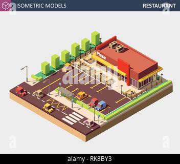 Vektor isometrische Restaurants oder Pizzerien Gebäude mit Verkauf Zeichen. Stock Vektor