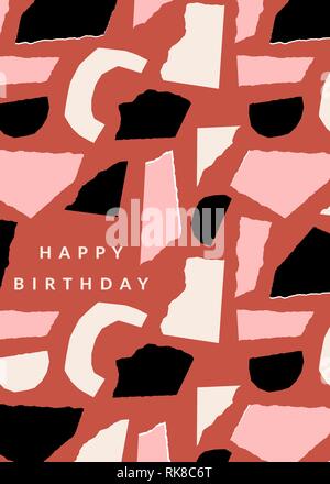 Grußkartenvorlage mit Papier schneiden Formen in Schwarz, Pastell rosa und creme auf Stein roten Hintergrund. Text alles Gute zum Geburtstag. Kreative und Moderne Collage Stock Vektor