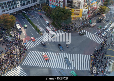 Erhöhte Ansicht einer Krähte der Fußgänger ein 4 Wege Zebrastreifen im Zentrum von Tokio, Japan Stockfoto