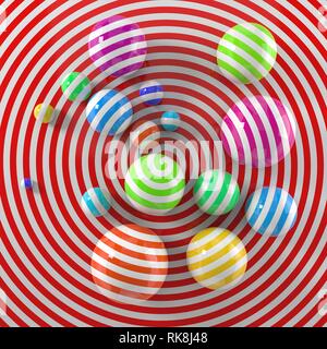 Moderne Kunst Konzept mit Streifen bemalt Kugeln. Geeignet für Illusion, Kunst und moderne Grafik desing Themen. 3D-Darstellung. Stockfoto
