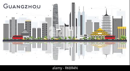 Guangzhou China City Skyline mit grauen Gebäuden und Reflexionen isoliert auf weißem Hintergrund. Vector Illustration. Tourismus Konzept. Stock Vektor