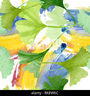 Ginkgo biloba grüne Blätter. Aquarell Hintergrund Abbildung. Nahtlose Muster. Stockfoto