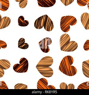 Orangefarbene Herzen mit Streifen. Hintergrund mit nahtlosem Muster. Vektorabbildung. Hintergrundbild zum Valentinstag Stock Vektor