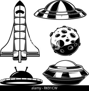 Satz von Raumschiffen, ufo-Symbole. Design Element für Logo, Etiketten, Zeichen, Poster, T-Shirt. Vector Illustration Stock Vektor