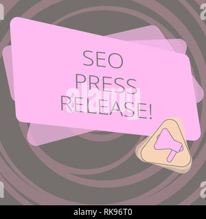 Text Zeichen anzeigen Seo-Pressemitteilung. Konzeptionelle Foto stellen Sie sicher, dass Links zurück Websites in Ihrer Presse Megaphon im Dreieck und Leer Farbe Stockfoto