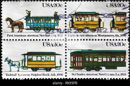 Vier alte Seilbahnen auf amerikanischen Briefmarken Stockfoto