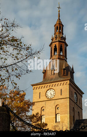 Oslo cathedral tower im Sonnenschein und gelbe Blätter im Herbst Stockfoto