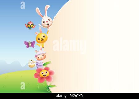 Ostern Freunde Tiere und Blumen auf der linken Seite des Board - Frühling Landschaft Hintergrund Stock Vektor