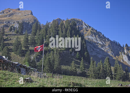 Schweizer Fahne im Wind im Alpenraum. Stockfoto