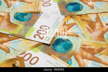 Sammlung der barnd neue Schweizer 200 Franken Banknoten (2018) Stockfoto