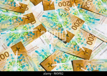 Sammlung der barnd neue Schweizer 200 Franken Banknoten (2018) Stockfoto