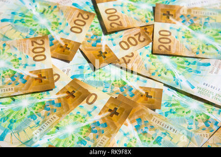 Sammlung der barnd neue Schweizer 200 Franken Banknoten (2018) Stockfoto