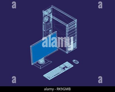 Vector Illustration der Computer Drahtmodell. Isometrische. System, Monitor, Tastatur und Maus. Stock Vektor