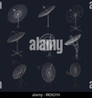 Drahtmodell Satellitenschüsseln. Set mit Satellitenschüsseln der verschiedenen Arten. Isometrische. Vector Illustration. Stock Vektor