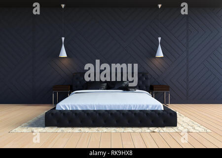 Modernes Schlafzimmer Einrichtung in Schwarz und Weiß, 3D-Rendering Stockfoto