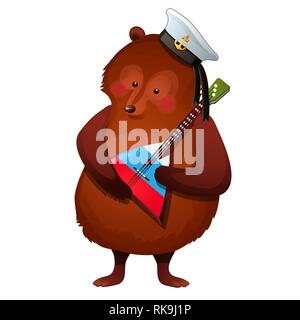 Der Braunbär in der Matrosen Hut hält die nationale russische Musical Instrument Balalaika in seinen Tatzen auf weißem Hintergrund. Vektor Cartoon Stock Vektor