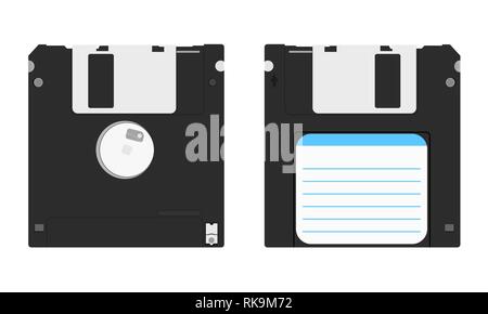 Disketten mit Vorder- und Rückseite. Isolierte Disketten. Veraltete Methode der Speicherung von Informationen. Vector Illustration. Stock Vektor