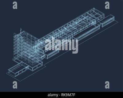 Isometrische Gebäude. Drahtmodell der industriellen Gebäude auf einem dunkelblauen Hintergrund. 3D-Vektor Illustration. Stock Vektor