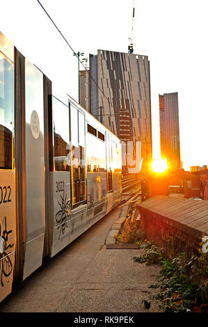 Manchester Metro Straßenbahn vor dem Sonnenuntergang zwischen zwei Hochhaus-Wohnblocks, Manchester, England, Großbritannien Stockfoto