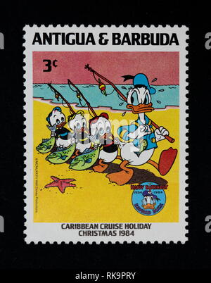 Ameland, Niederländisch - November 4, 2014: Donald Duck von Mickey Mouse und Freunde cartoon Animation. Stempel von Antigua und Barbuda. Nur für den redaktionellen Gebrauch bestimmt. Stockfoto