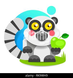 Fröhliche Lemur mit rosa Wangen sitzt im Gras und lächelt. Vektor Logo Stock Vektor