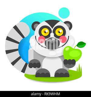 Fröhliche Lemur mit rosa Wangen sitzt im Gras und lächelt. Vektor Logo Stock Vektor