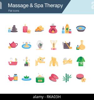 Massage und Spa Therapie Symbole. Flache Bauform. Für die Präsentation, Grafik Design, Mobile, Web Design, Infografiken, UI. Editierbare Schlaganfall. Vecto Stock Vektor