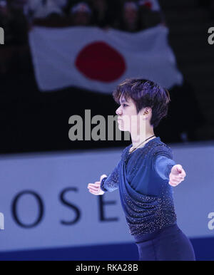 Los Angeles, Kalifornien, USA. 10 Feb, 2019. Goldmedaille Shoma Uno von Japan stellt an der ISU vier Kontinenten Eiskunstlauf-WM im Honda Center in Anaheim, Kalifornien, am 9. Februar 2019. Credit: Ringo Chiu/ZUMA Draht/Alamy leben Nachrichten Stockfoto