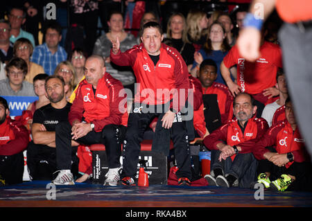 Weinberg, Deutschland. 09 Feb, 2019. Coach Frank Heinzelbecker (Weingarten). GES/Wrestling/deutschen Ringerliga endgültige Rückkampf: Germania Weingarten - VfK Schifferstadt, 09.02.2019 Sport: German Wrestling League Finale: Germania Weingarten - VfK Schifferstadt, Weingarten, 9. Februar 2019 | Verwendung der weltweiten Kredit: dpa/Alamy leben Nachrichten Stockfoto