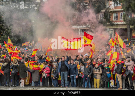 Madrid, Spanien. 10. Feb 2019. Tausende von Menschen demonstriert in eckigen Colón gegen die Regierung von Pedro Sanchez mit Plakaten und Fahnen von Spanien. In das Bild einer Frau mit einem Plakat "Wahlen jetzt!" in Spanien Quelle: Alberto Sibaja Ramírez/Alamy leben Nachrichten Stockfoto